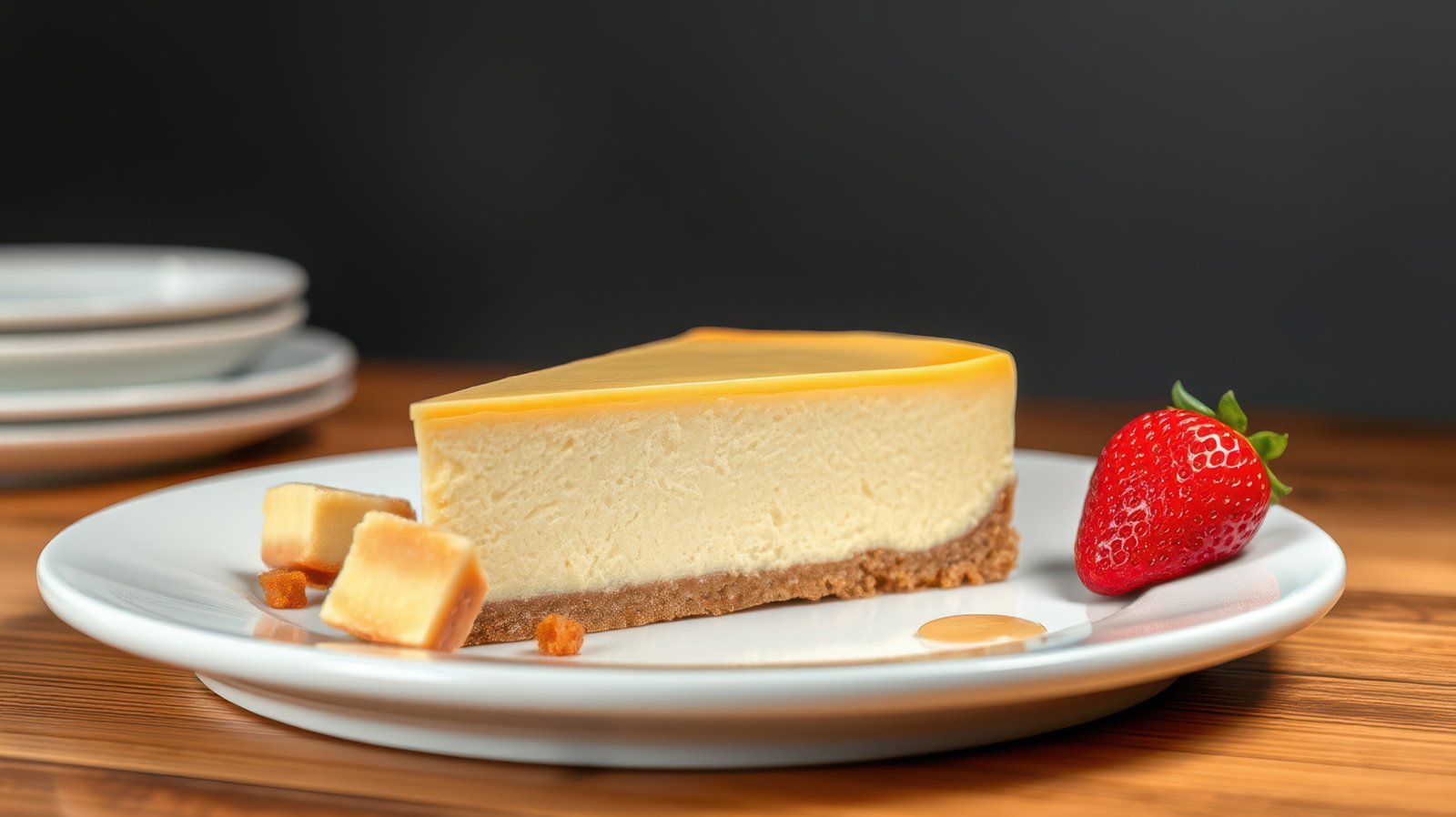 Cheesecake slice served on a white plate with strawberry and caramel cubes on a wooden table